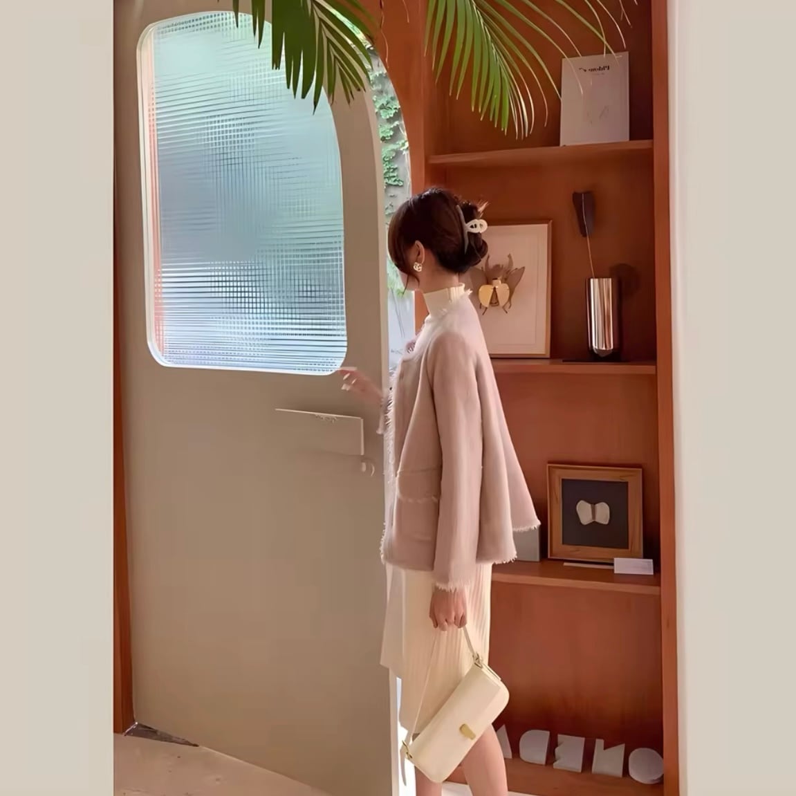 パールボタンピンクニットカーディガン