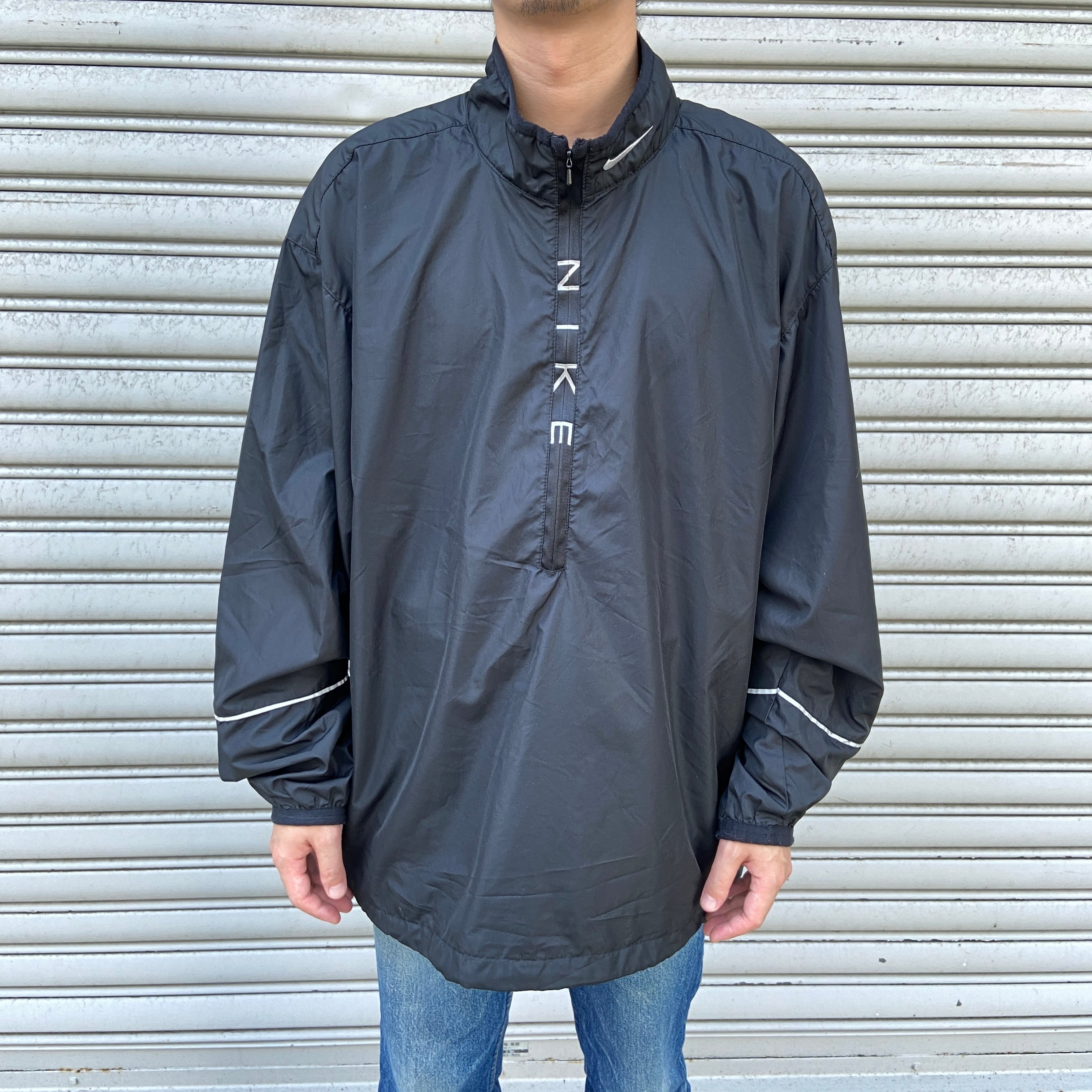 90s NIKE ハーフジップナイロンプルオーバー スウォッシュロゴ 黒 XL  