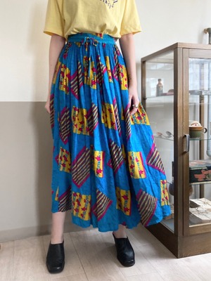 1990s Blue Abstract Rayon Long Skirt