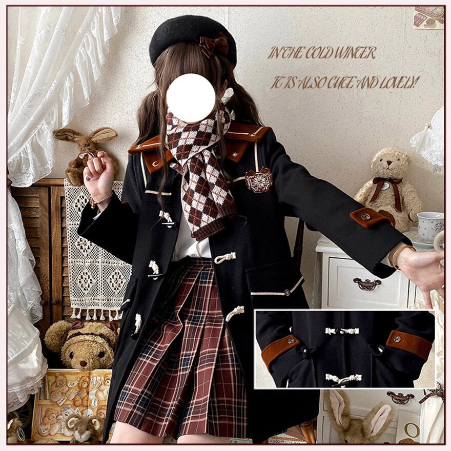 サブカル 服 地雷系 通販 ロリィタ 服 ダッフルコート ウール ツイード 羽織り アウター ソックス付き 秋冬 ホーンボタン JKロリータ 学園風 量産型 ガーリー lolita