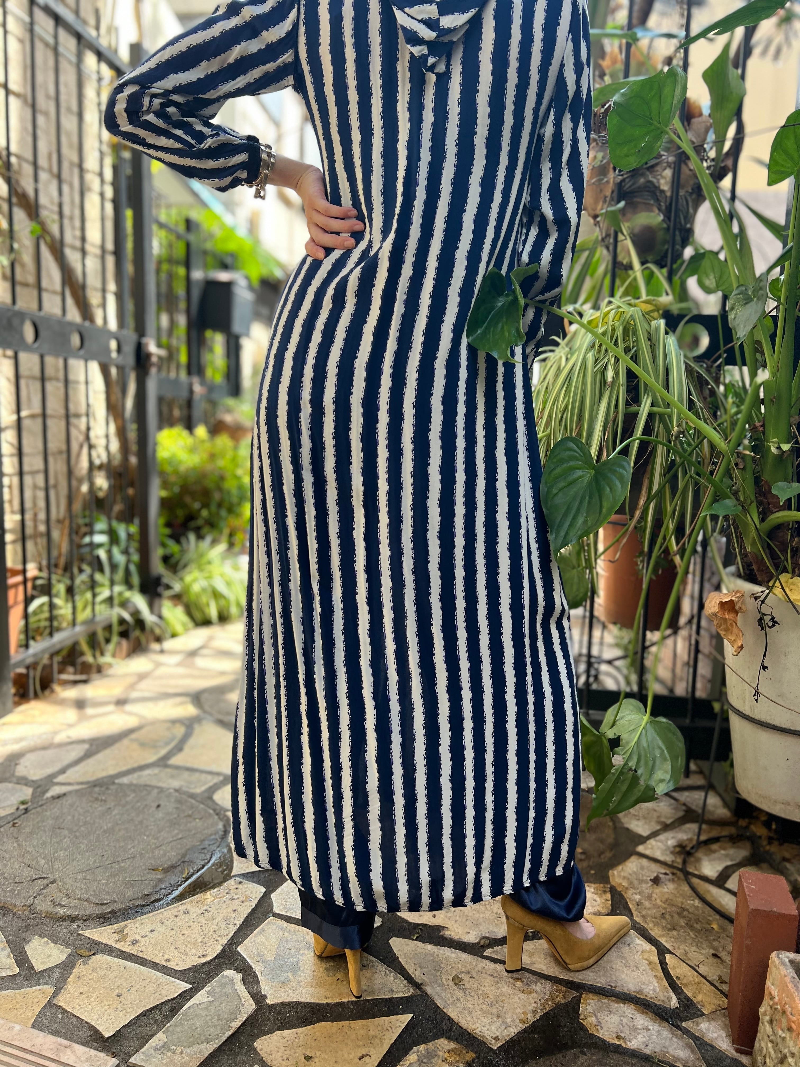 Vintage moroccan navy × white Stripe foodie dress ( ヴィンテージ