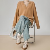 ベージュストライプパッチワークニット H0061