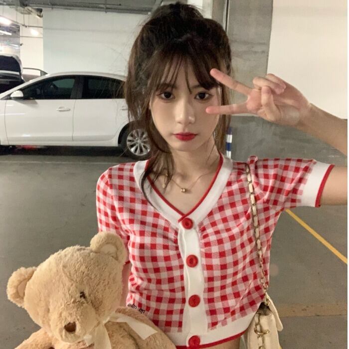 スタンダード格子柄セーター ショートカーディガンジャケット サマー レトロ 大人ガーリー スウィート キュート カジュアル 夏物 ドラファッションホール14056304345