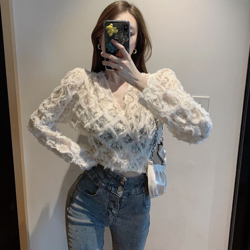 スタイルVネックレースシャツ オータムスタンダードショートクロップド ロング レトロ 秋物 ガールズファッション40612437026