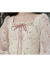 【0303】Flower High Waist Ribbon Long Sleeve Dress