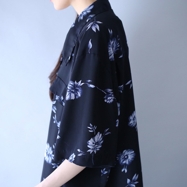 "花柄" black base blue flower pattern box silhouette open collar h/s shirt