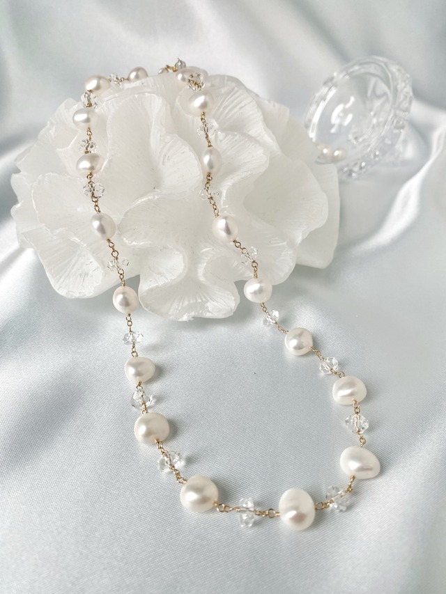 【小さな宝物展】訳あり｜天然パールと水晶のショートネックレス【14KGF】