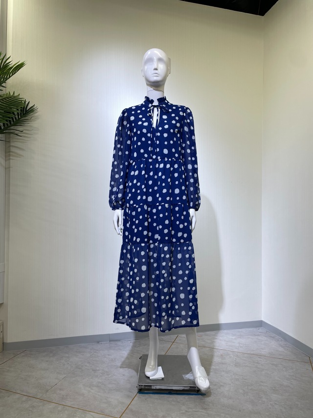 【新品DRESS 950】ドット柄 ネックリボン スタンドカラー ティアードフリル レトロ ミモレ丈 フレア ロングドレス ブルー ワンピース インポートドレス 海外ドレス【WEDNESDAY'S GIRL】