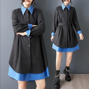 大きいサイズ 新品 春夏　重ね着風　 シャツ ワンピース チュニック 青