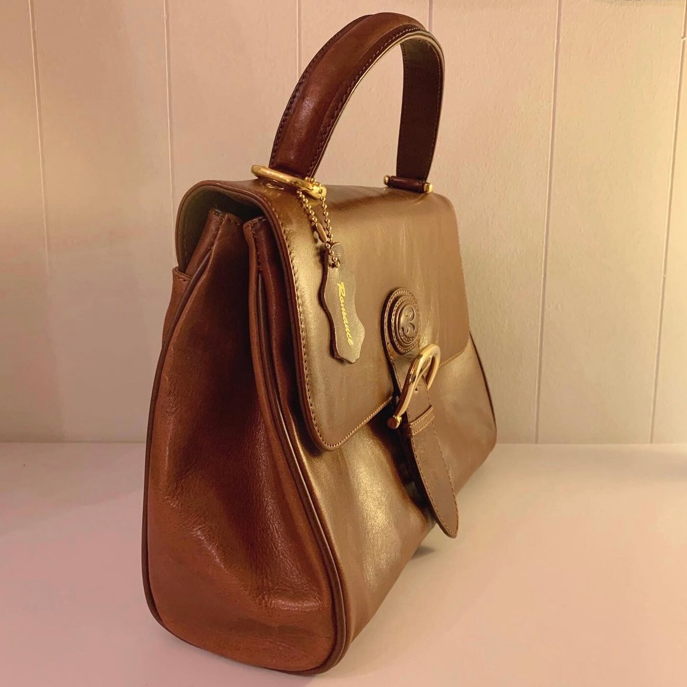 big belt brown leather hand bag