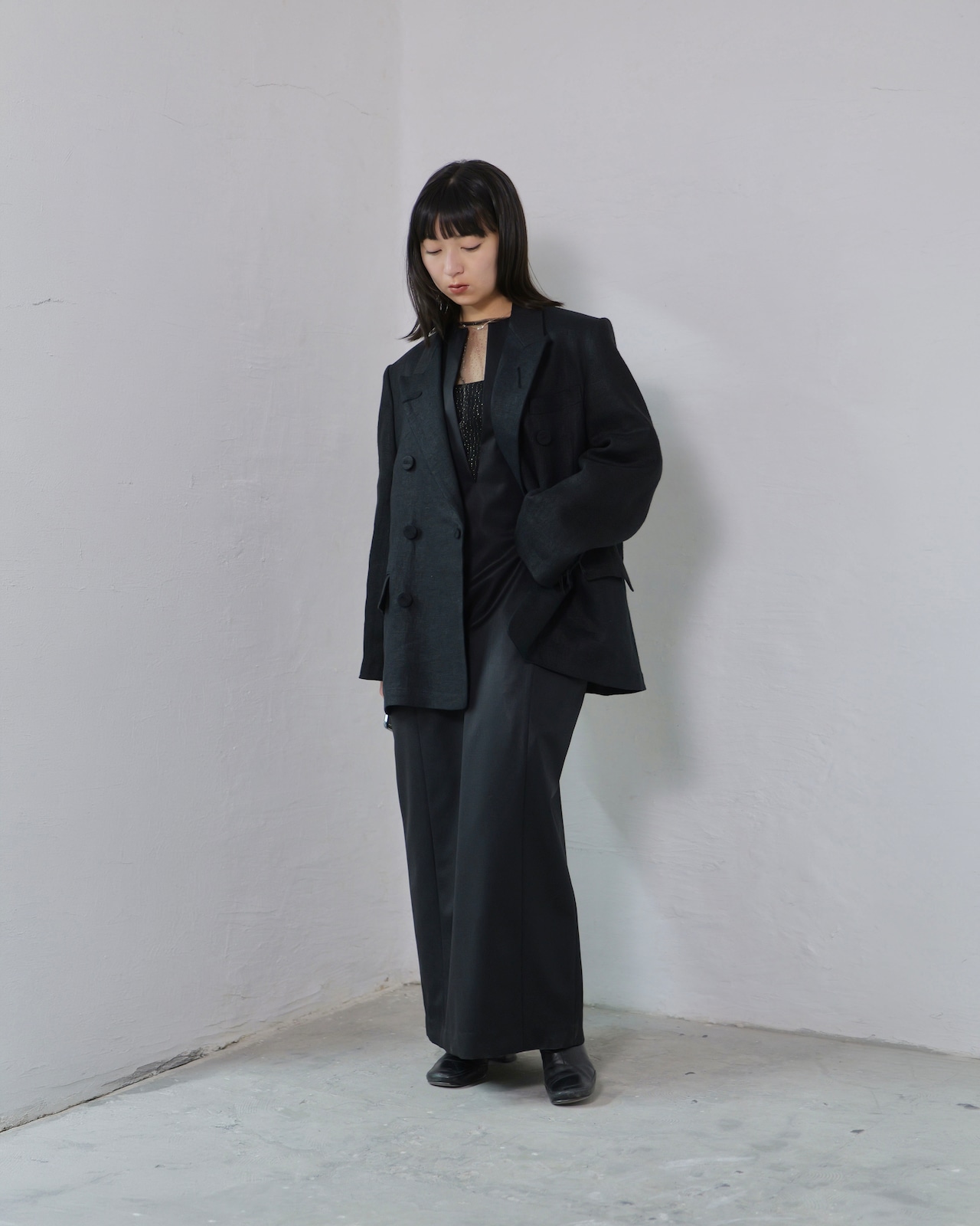 i’m here - GRANDPA Linen Jacket :Black|ダブルブレスト/立体3面ドッキング/“だまし絵”の前立て