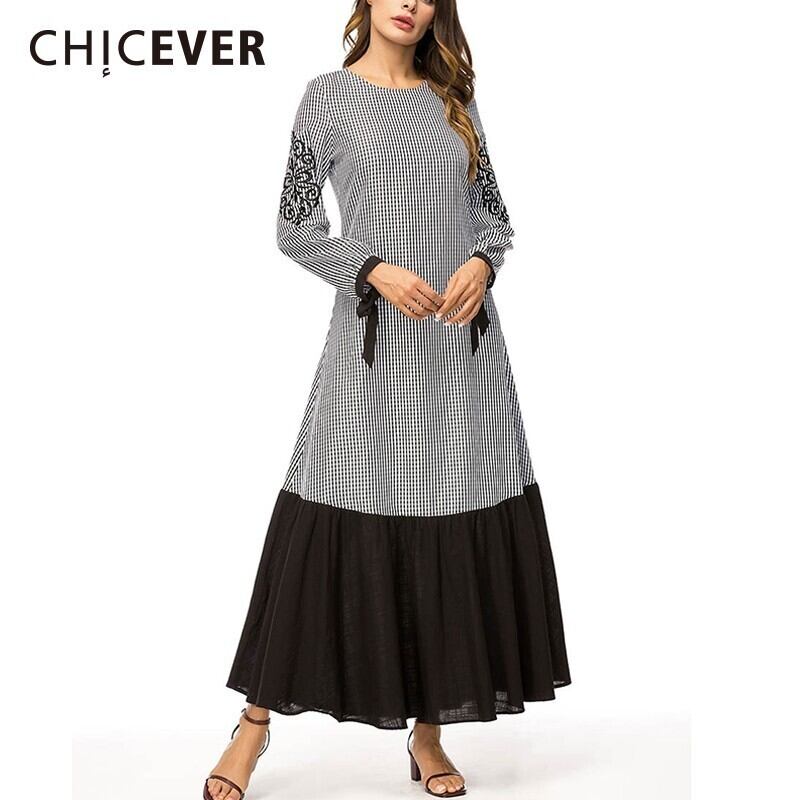 CHICEVERパッチワークチェック柄ドレス女性Oネック刺繡長袖プラスサイズフリルドレス春 ロング ラッフル 刺繍 大きめサイズ スプリング 春物 6base596119767069