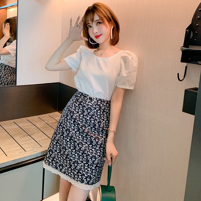 スリーブトップス プリントレーススカート オータム 秋物 ステッチ MIUCO57261028072