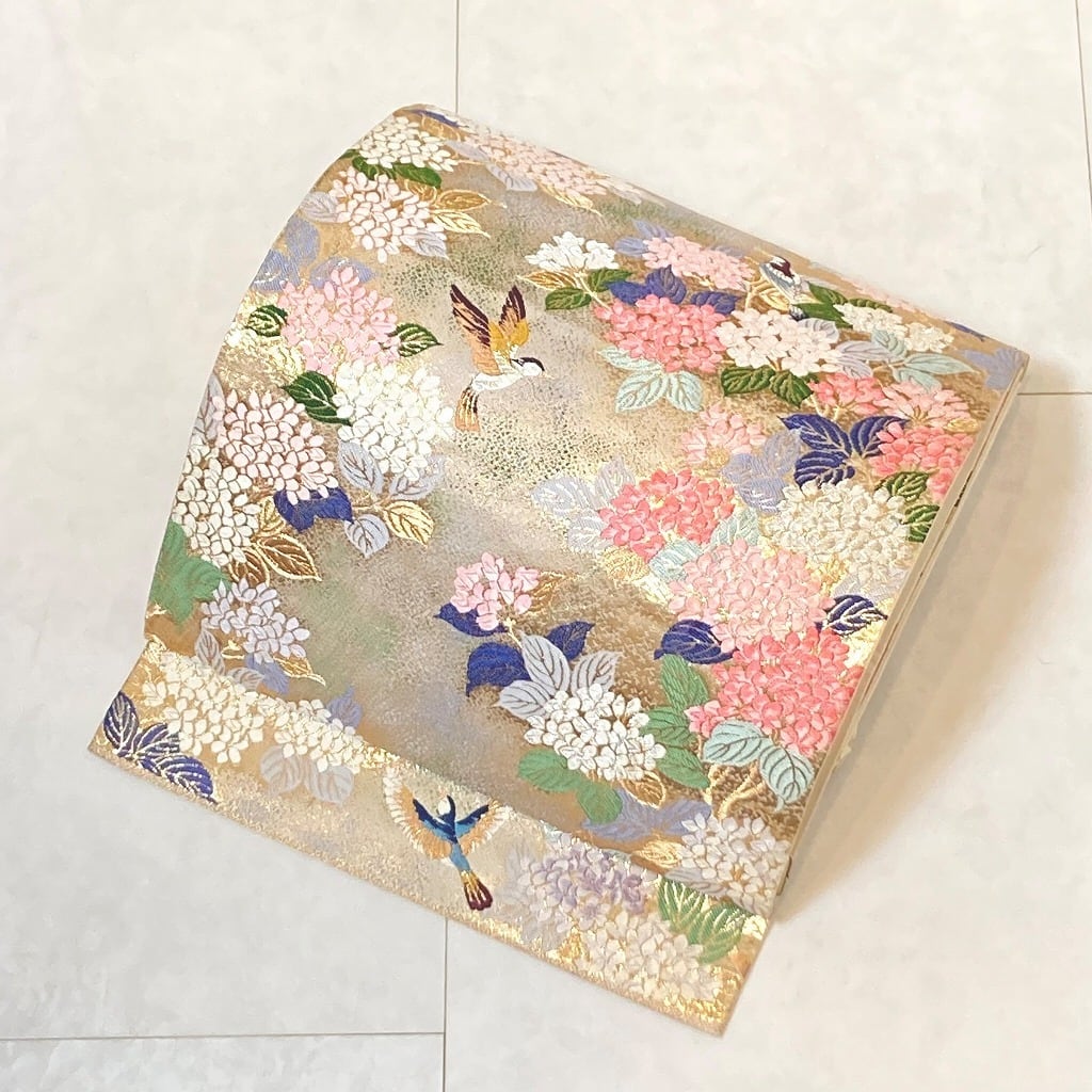 袋帯　最高級正絹　本金箔　花鳥柄　花菱鴛鴦　金糸銀糸豪華刺繍　結婚式・祝い事