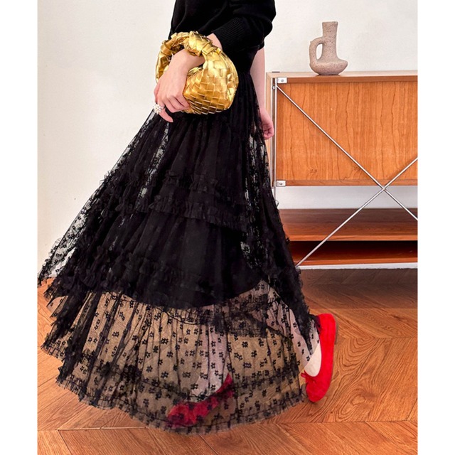 lace frill a-line long skirt J00315