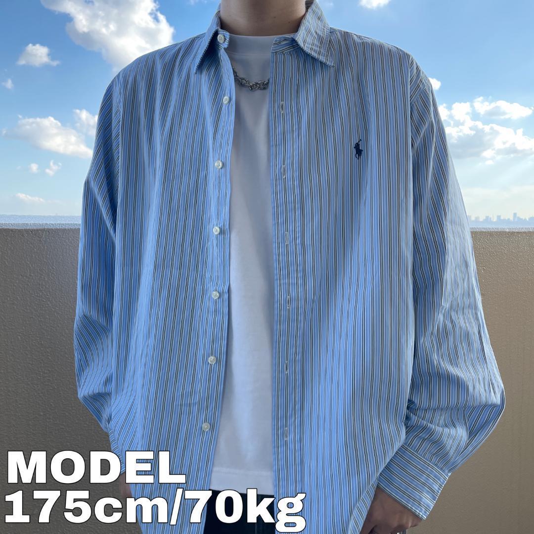 ポロバイラルフローレン ストライプシャツ ブルー 青 緑 白 XL ポニー刺繍 | fuufu powered by BASE
