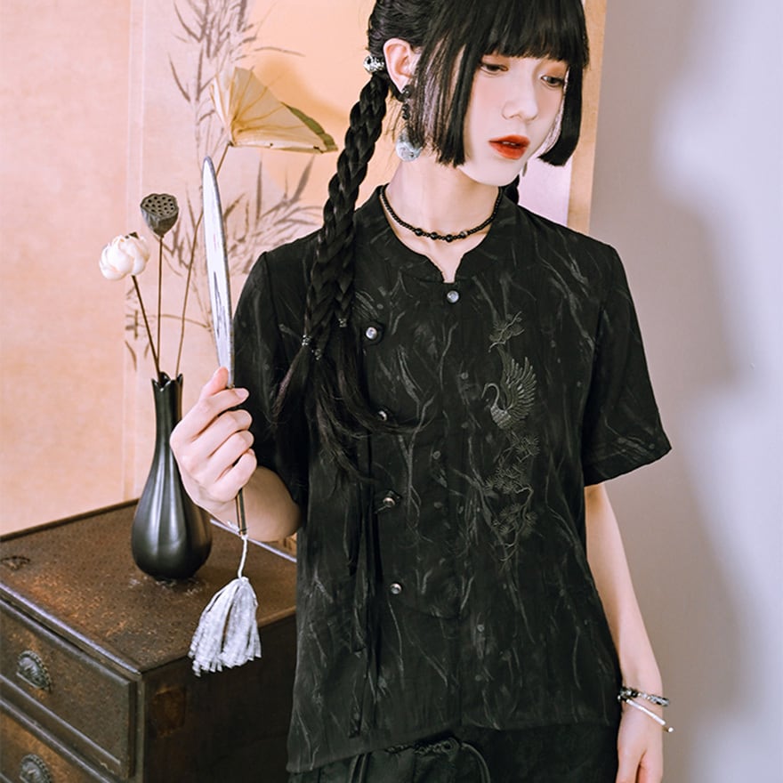 中華ゴシック 刺繍中華ボタン半袖シャツ 夏向け｜WithU | ゴスロリ通販