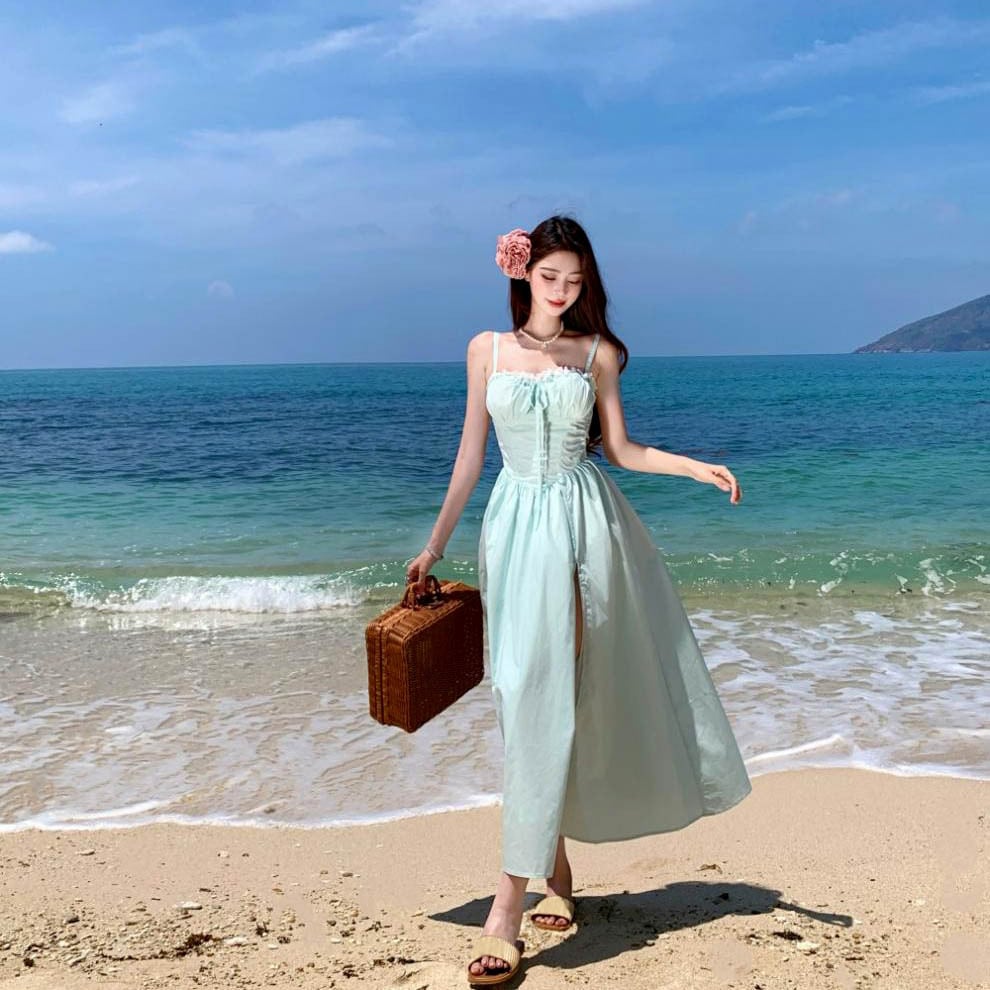 ロングドレスサンドレスAラインバックレスドレスフリル体型カバー