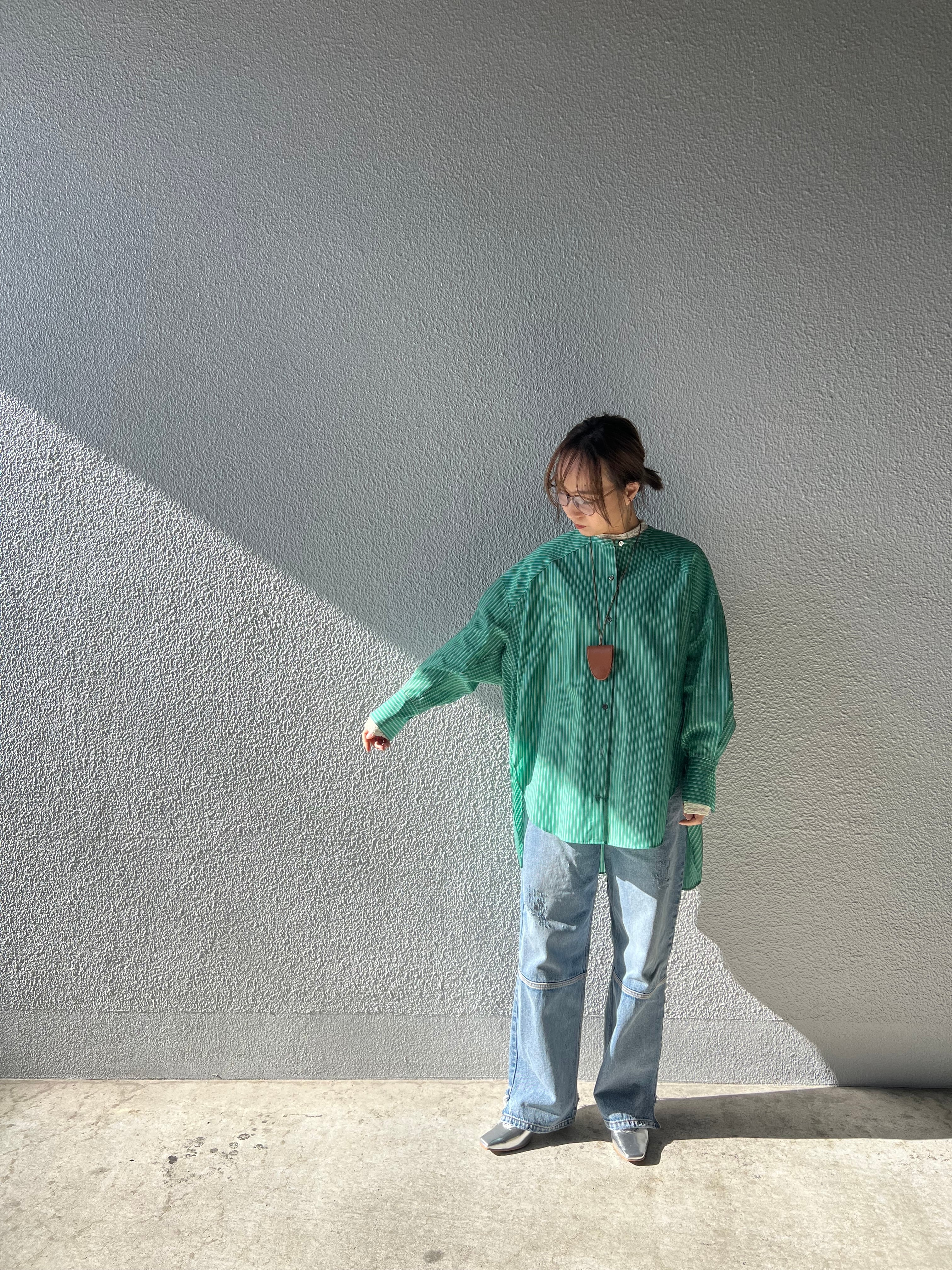 【PASSIONE】バンドカラーストライプロングシャツ 616915