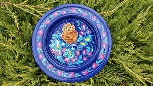 ペトリキウカ塗りのプレート　梟 （ティモシェンコ作）16cm