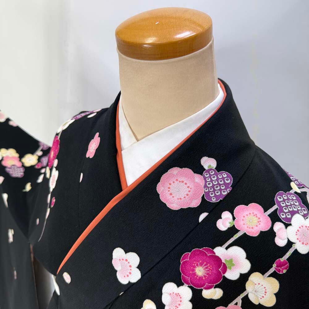 二尺袖 単品 卒業式着物 黒 KANSAI 裄69cm LLサイズ 袴用着物 化繊 中古 4558