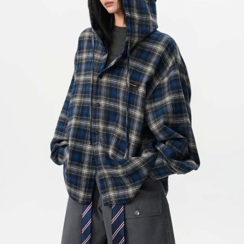 オーバーサイズチェックフーデッドシャツ 1col   R02691