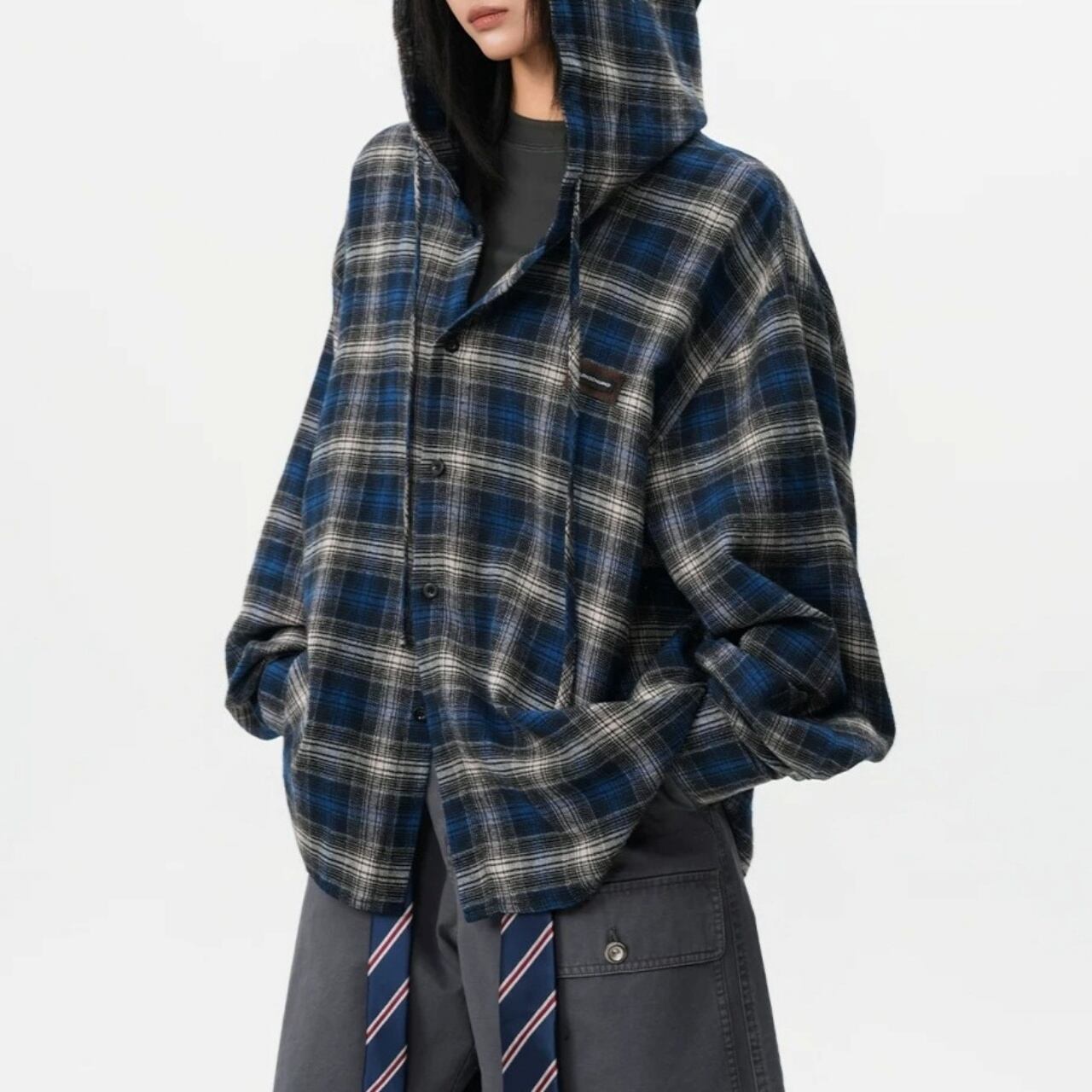 オーバーサイズチェックフーデッドシャツ 1col R02691