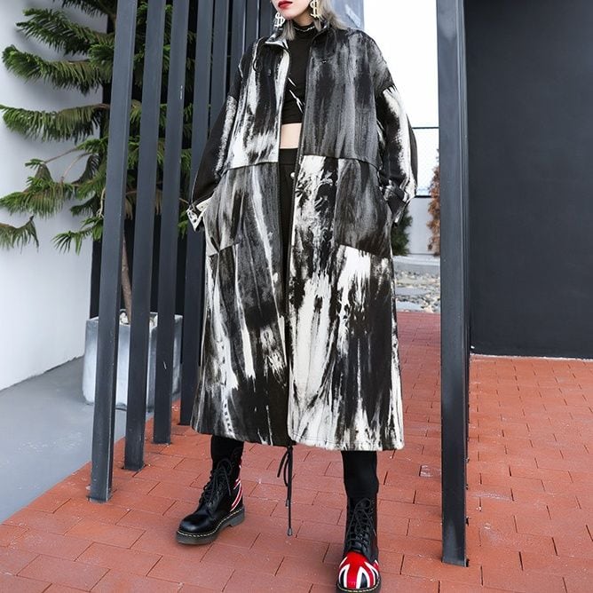 MONOTONE PRINT STAND COLLAR MIDI FULLZIP COAT 1color M-15000