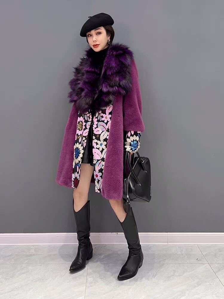 コート 紫 花柄 マダム エレガント ゴージャス ファーコート 毛皮