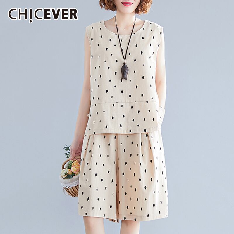CHICEVERドットヒットカラースーツOネックタンクノースリーブTシャツウエストポケットショーツプラスサイズツーピースセットレディース2020 大きめサイズ ブルマー 6base574172226403