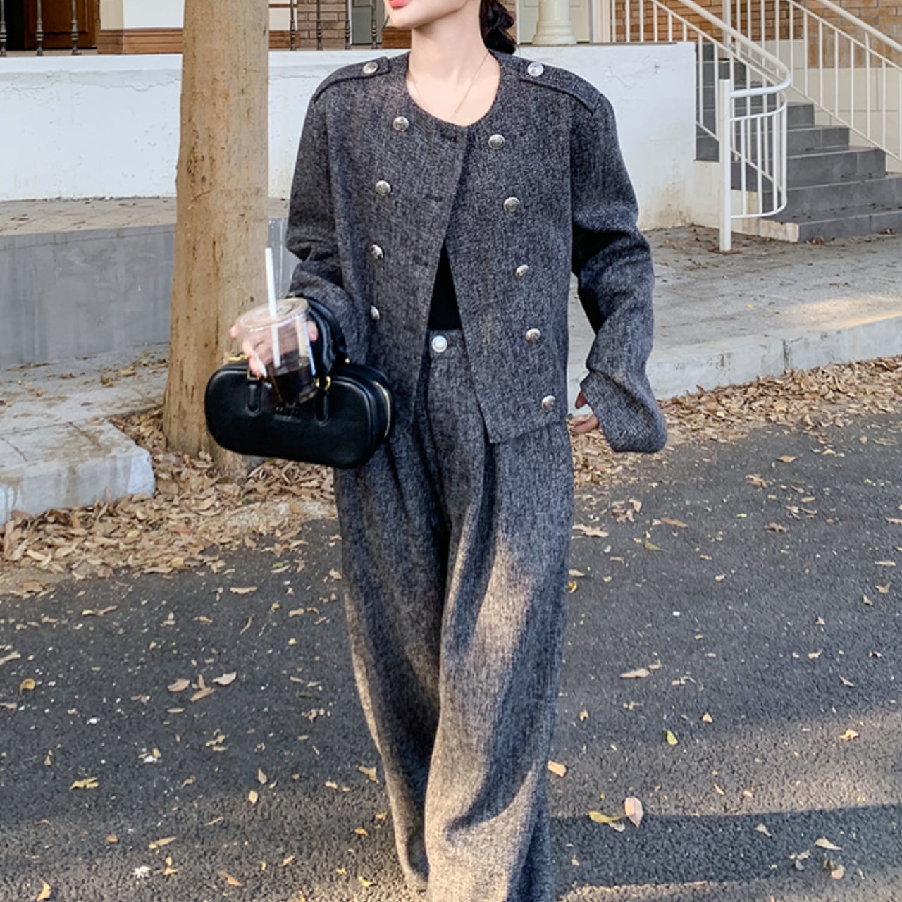 Double jacket & wide leg pants set S1398