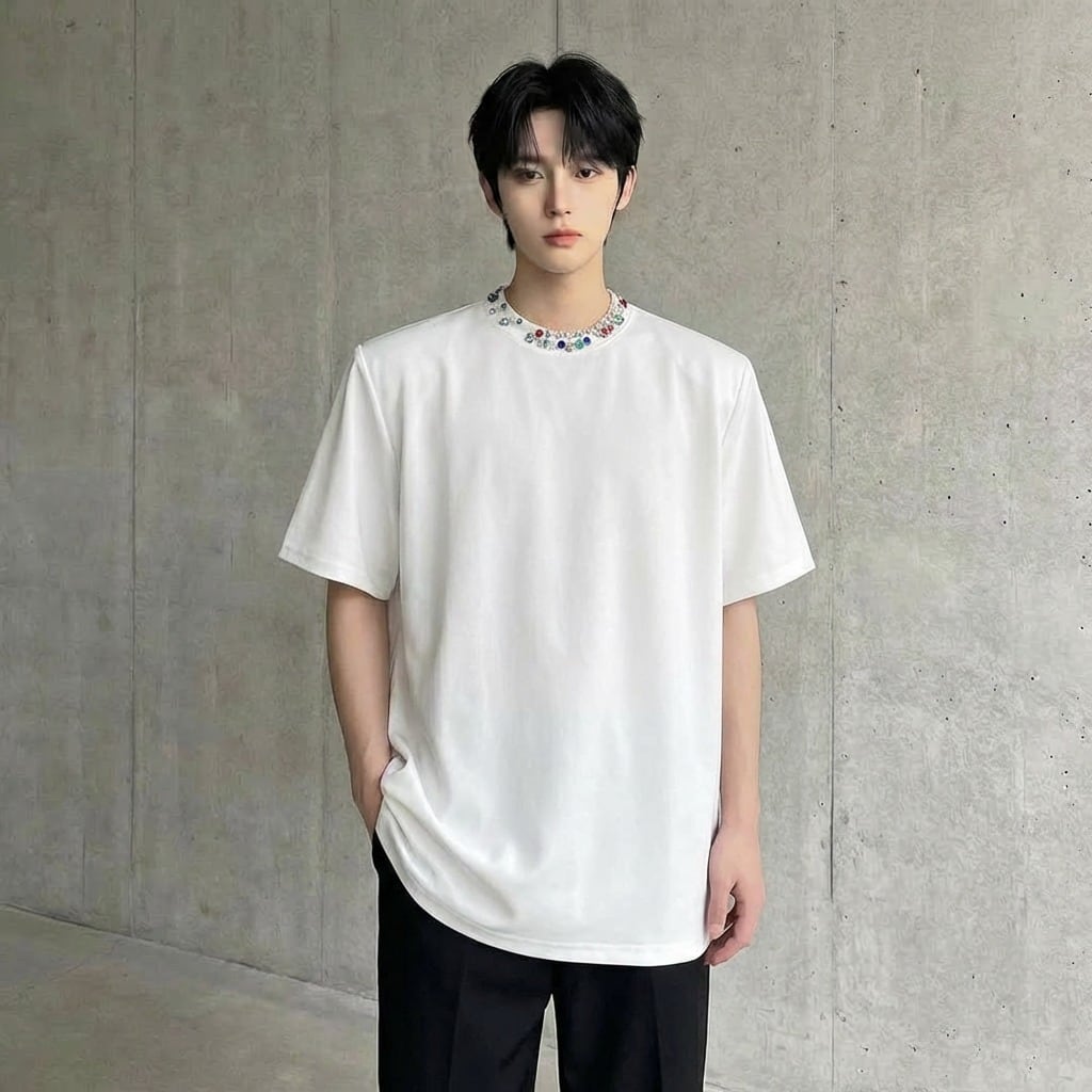 ネックビジューデコレーション オーバーサイズTシャツ 2カラー D12274