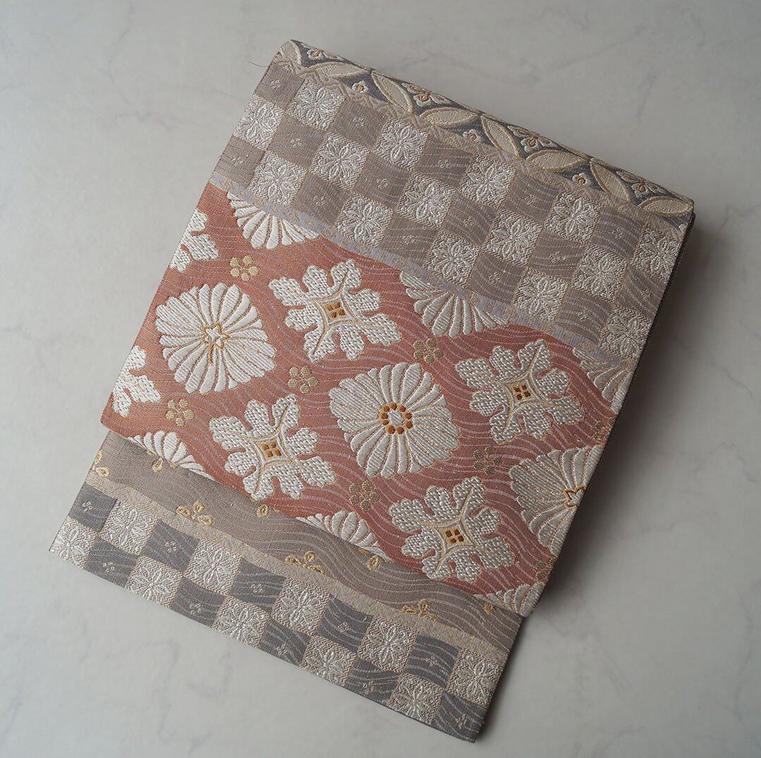 【ふくろ帯】西陣 小森製 変わり横段に花文 ふくろ帯