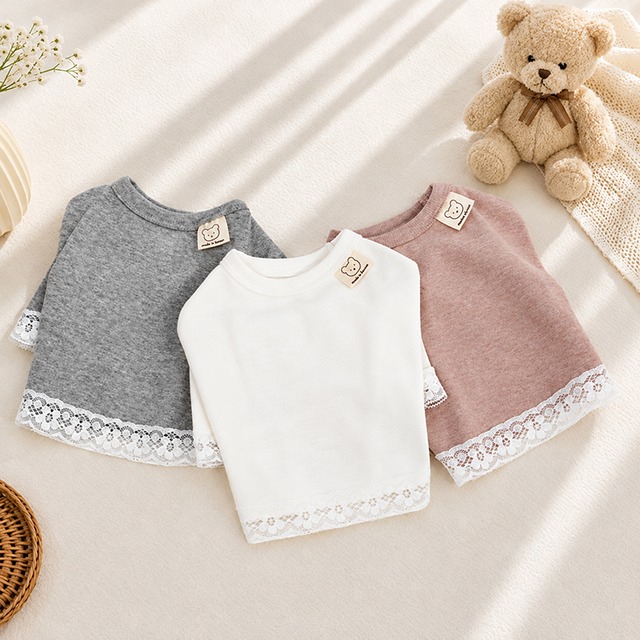 mellow lace t-shirt S ~ XL 3color  /  犬服 秋冬 Tシャツ 重ね着 長袖 部屋着 抜け毛対策 無地 シンプル ストレッチ 可愛い 犬の服 ドッグウェア 小型犬 中型犬