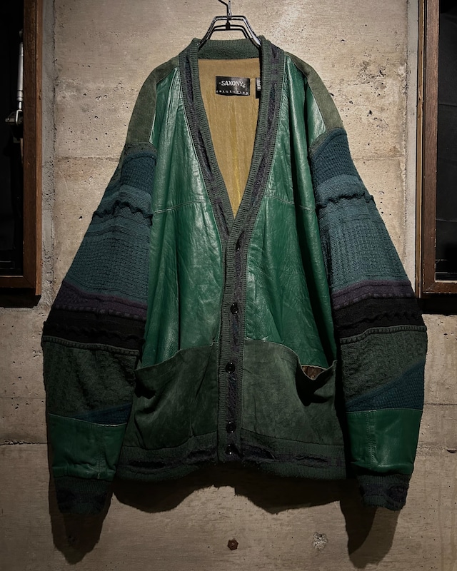 【Caka】“SAXONY” Leather × 3D Knit Switching Vintage Cardigan Jacket