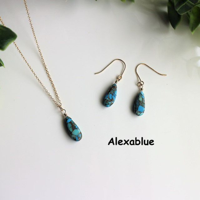 ブルーコッパ―ターコイズ ピアス＆ネックレス セット K14GF １２月誕生石 Blue Copper turquoise earrings ＆necklace Set