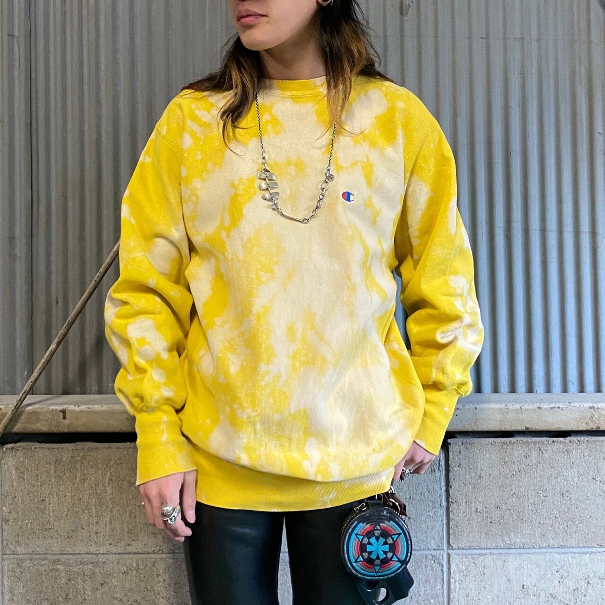 90年代 チャンピオン 刺繍タグ タイダイ ブリーチ加工 リバース 