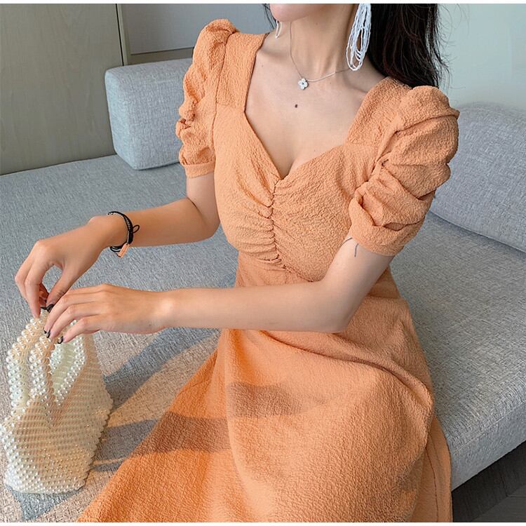 ランタンスリーブ 半袖 Vネック プリーツ ハイウエスト トレンド 大人気 シンプル