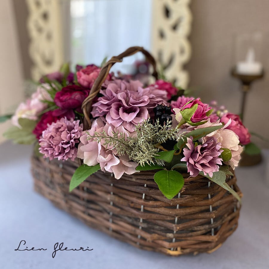 秋色バスケット ピンク 大きめ 木の実 花 Autumn グリーン 造花