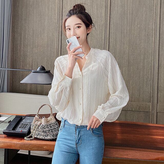 レディース トップス ブラウス シャツ 光沢 バンドカラー オーバーサイズ ストライプ シアー 長袖 アプリコット サイズ展開豊富 S/M/L/XL/2XL