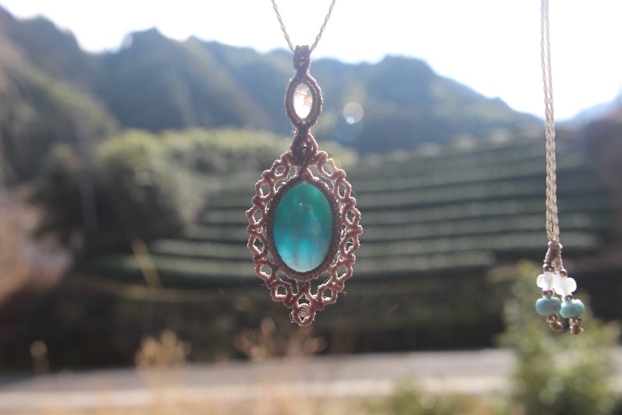 Larimar & Rainbow  moonstone  micro macrame pendant