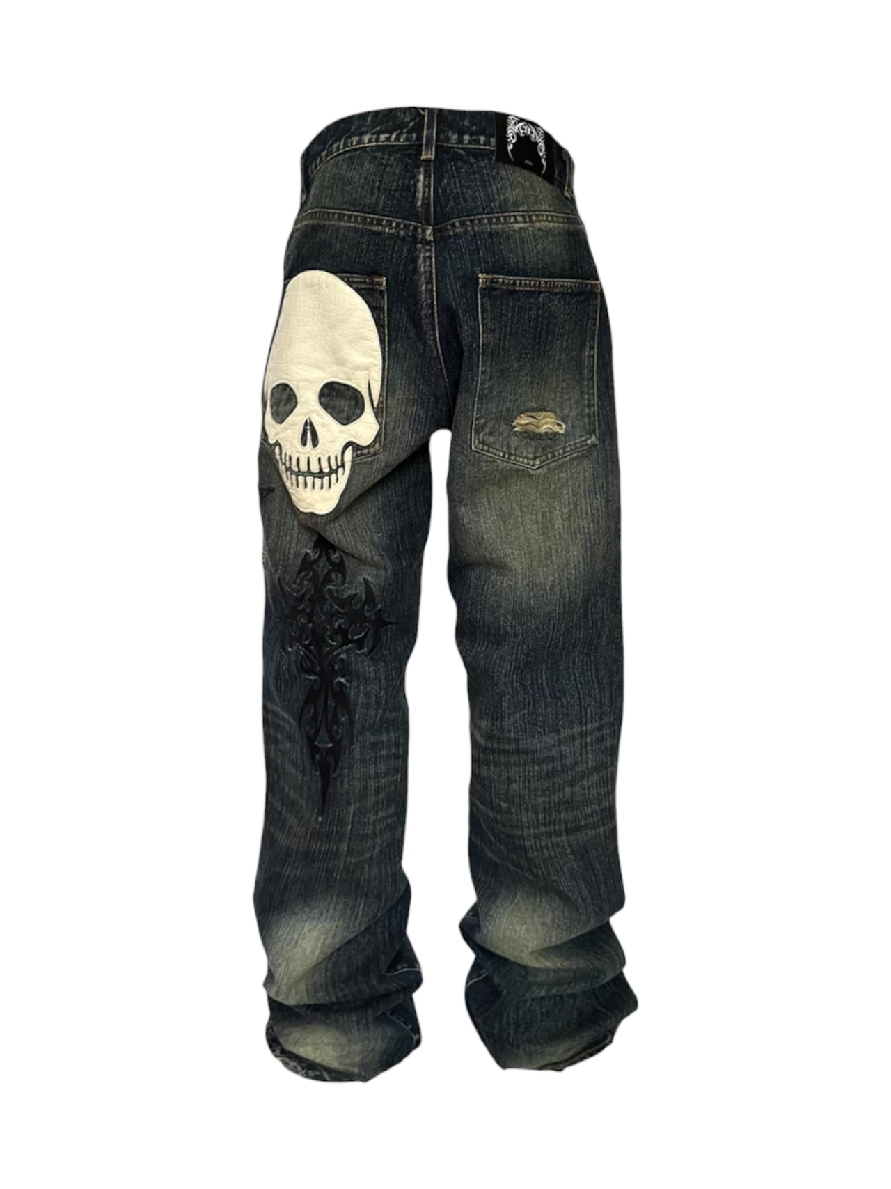 【UCANTBELIKEME】SKULL PATCH Distressed Straight Denim Pants