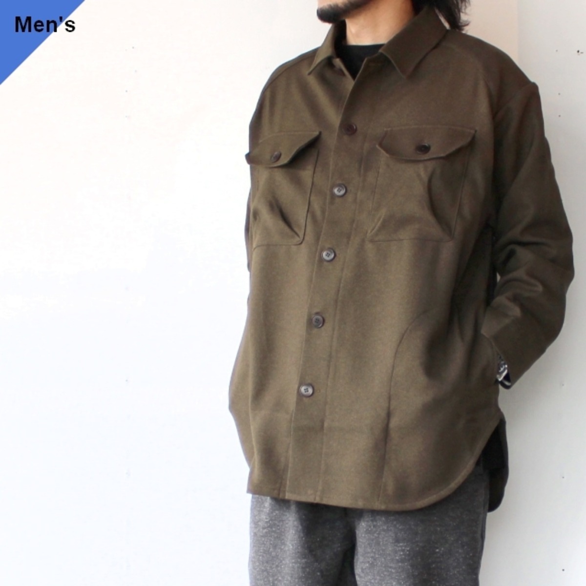 Upscape Audience ウールライクポリサファリシャツ （Khaki） | C 