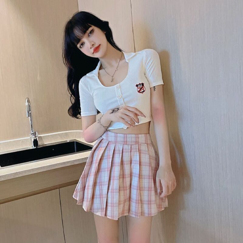 スタイルサマークロップドショートトップス ハイウェストウェストプリーツスカート 夏物 ハンチェンe16276102178