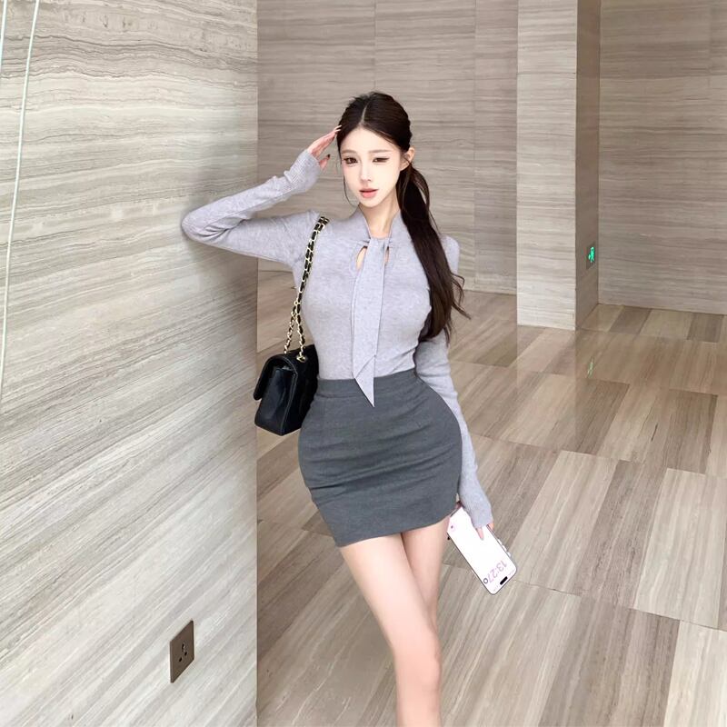 【set】スカーフネックニットトップス×タイトミニスカートセット Q8112