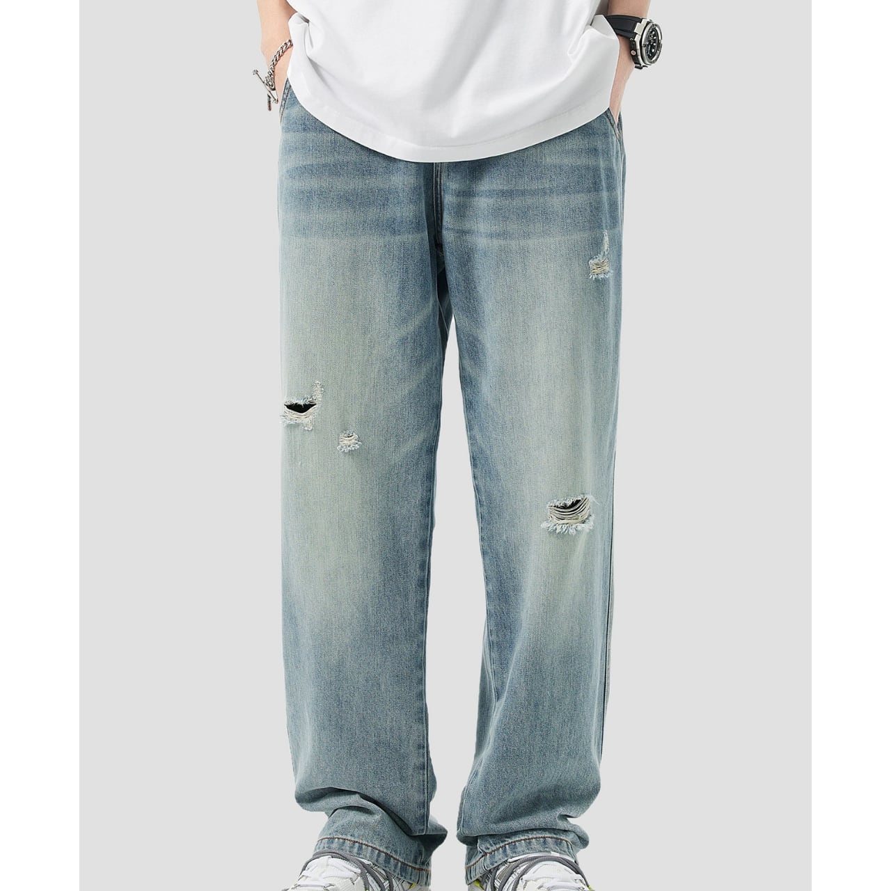 ダメージ加工 ワイドレッグ ルーズフィットパンツ 00177