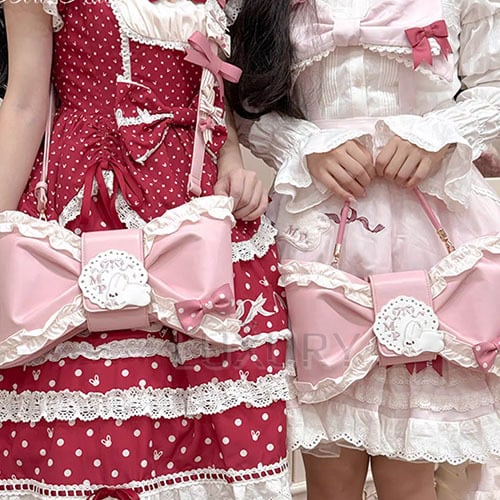 甘ロリ ハンドバッグ + リボン付きロングストラップ ショルダーバッグ