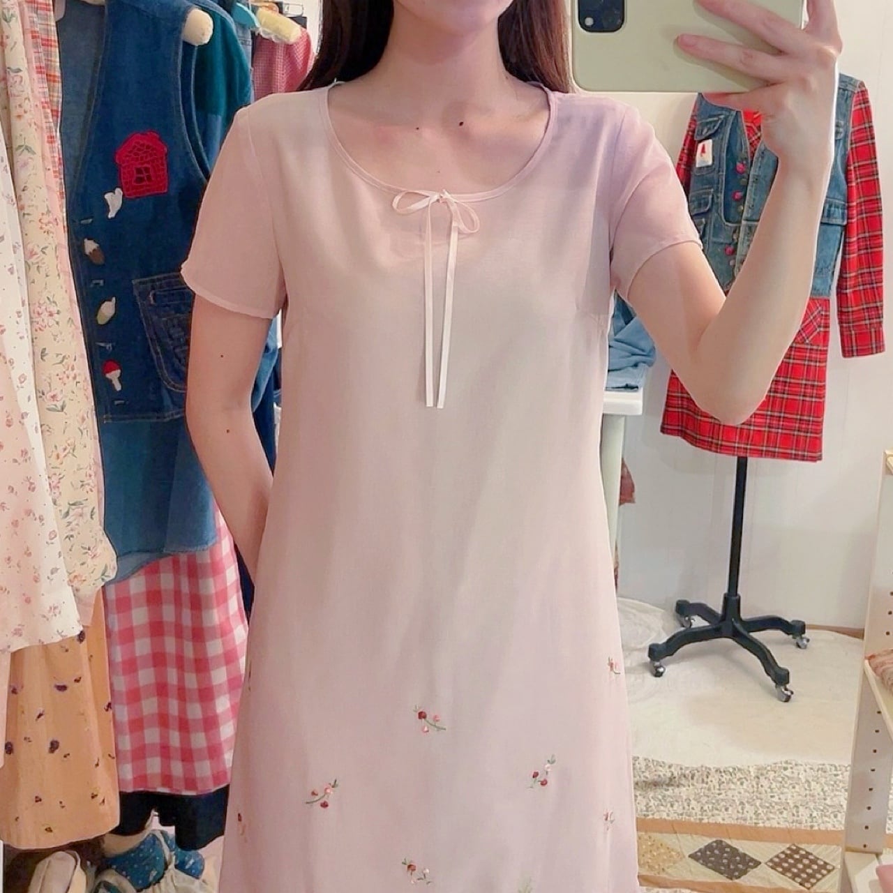 flower embroidery pink sheer one-piece