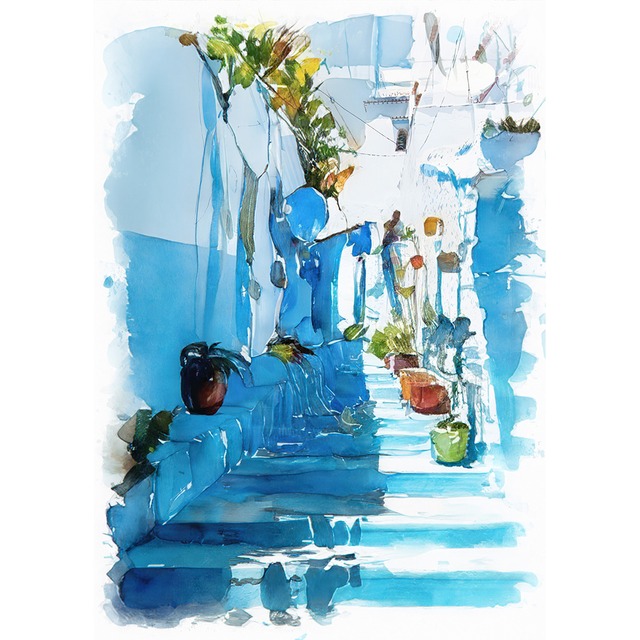 絵画 風景画(街並み)  モロッコ・シャウエン インテリアアート額付き 水彩画・油絵風 WAT1074