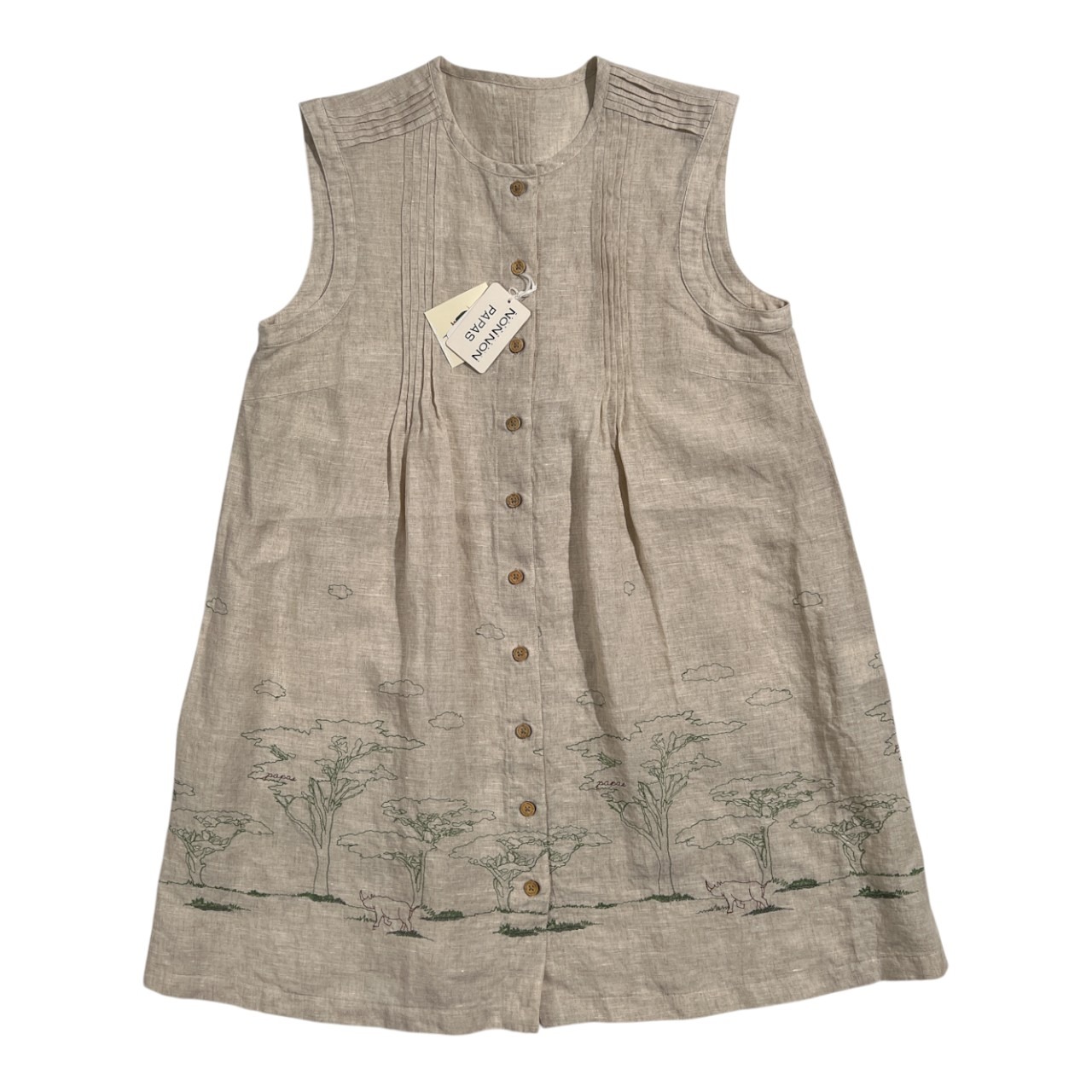 タグ付き 未使用品 麻100% Mademoiselle NON NON マドモアゼルノンノン サファリ刺繍 タック ノースリーブ リネン シャツ サイズ L